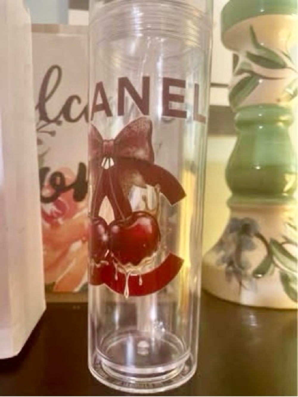 Fashion Chanel Clear Glass Vase with Red Cherry and Gold Accent in Box - Picture 2 of 5